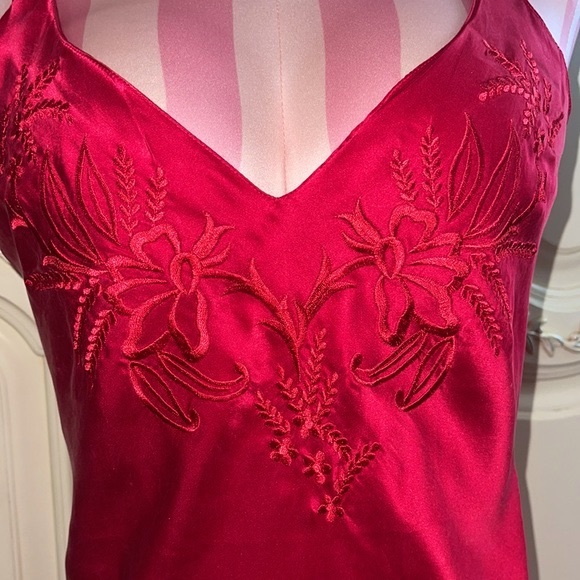 Vintage Gold Label Pure 100% Silk Red Chemise Slip Embroidered - Picture 3 of 7